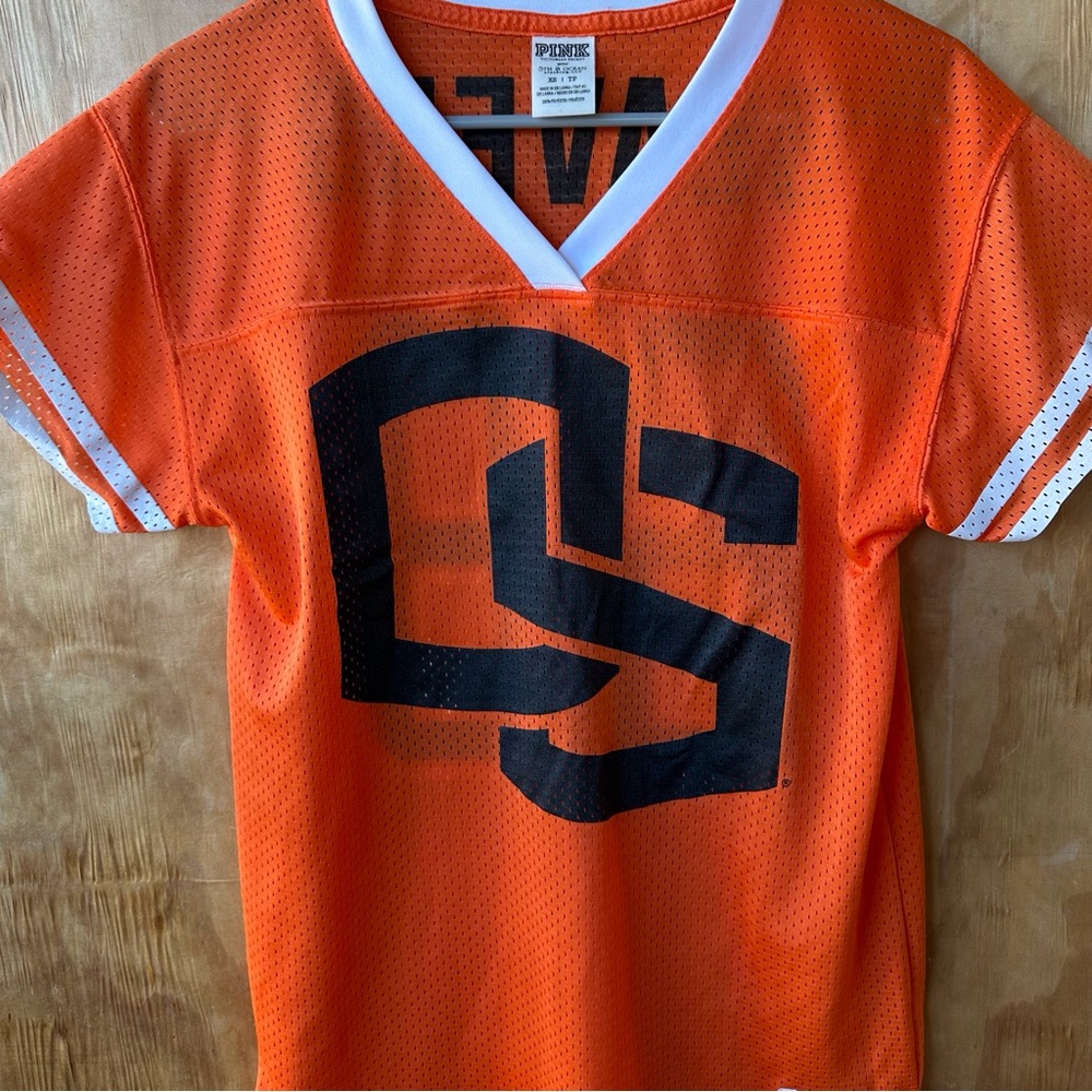 PINK Victoria's Secret Orange Mesh V-Neck Jersey with Black Logo - Picture 7 of 7